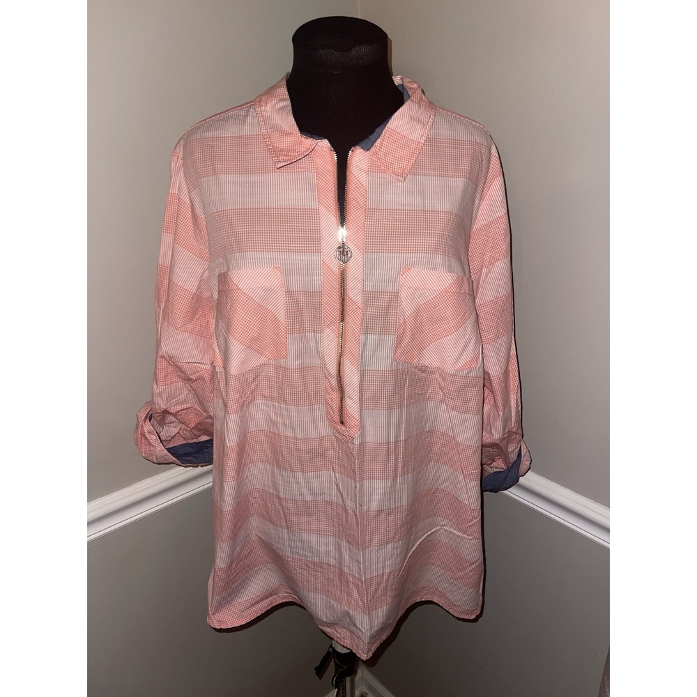 Tommy Hilfiger‎ 1/2 Zip Plaid Coral Shirt Plus Size 1X Vacation Coastal NWT